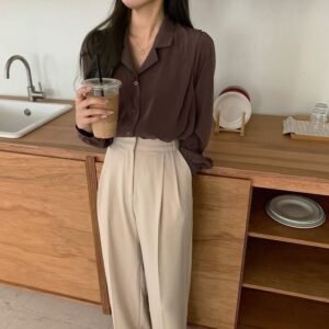 Elegant Brown Satin Collared Shirt for Women